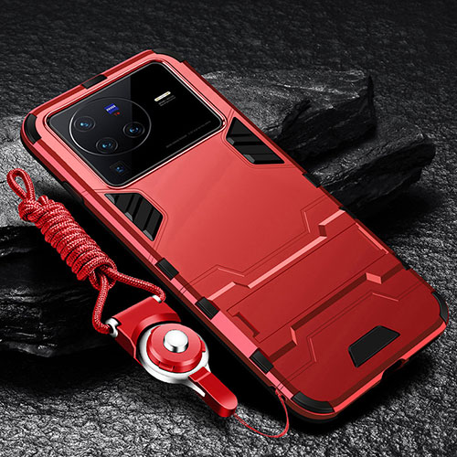 Silicone Matte Finish and Plastic Back Cover Case with Stand R01 for Vivo X80 Pro 5G Red