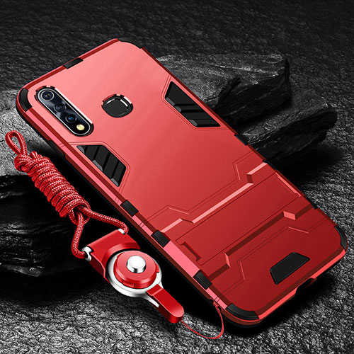 Silicone Matte Finish and Plastic Back Cover Case with Stand R01 for Vivo Y19 Red