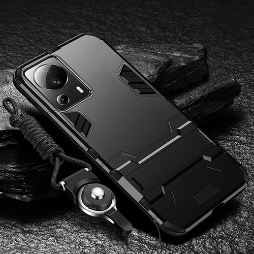 Silicone Matte Finish and Plastic Back Cover Case with Stand R01 for Xiaomi Civi 2 5G Black