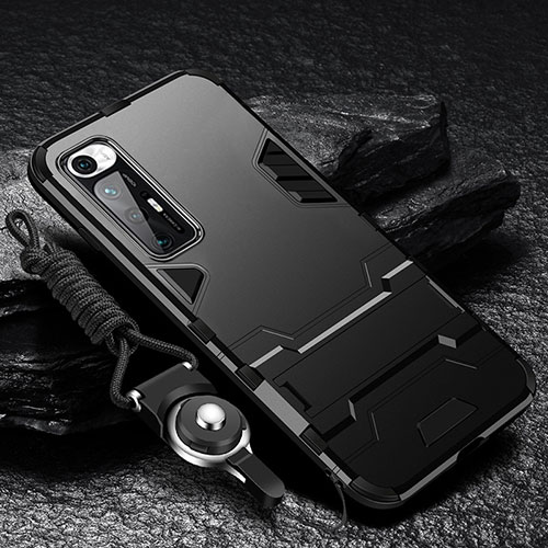 Silicone Matte Finish and Plastic Back Cover Case with Stand R01 for Xiaomi Mi 10S 5G Black