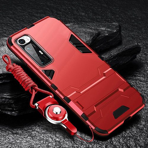 Silicone Matte Finish and Plastic Back Cover Case with Stand R01 for Xiaomi Mi 10S 5G Red