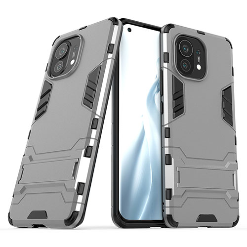 Silicone Matte Finish and Plastic Back Cover Case with Stand R01 for Xiaomi Mi 11 Lite 5G NE Gray
