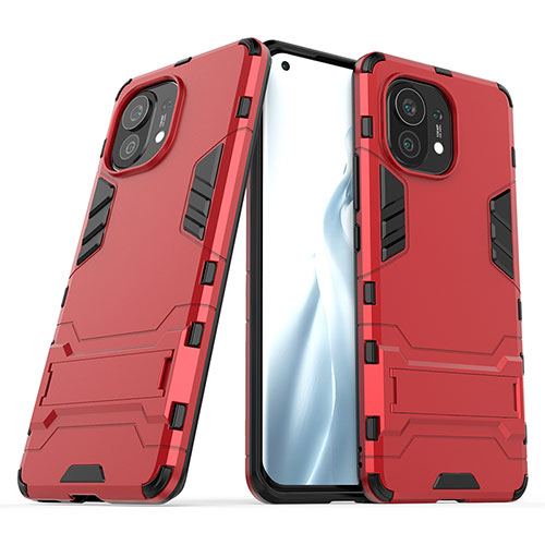 Silicone Matte Finish and Plastic Back Cover Case with Stand R01 for Xiaomi Mi 11 Lite 5G NE Red