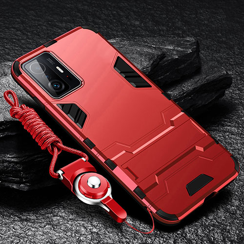 Silicone Matte Finish and Plastic Back Cover Case with Stand R01 for Xiaomi Mi 11T Pro 5G Red