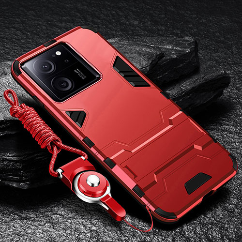 Silicone Matte Finish and Plastic Back Cover Case with Stand R01 for Xiaomi Mi 13T 5G Red