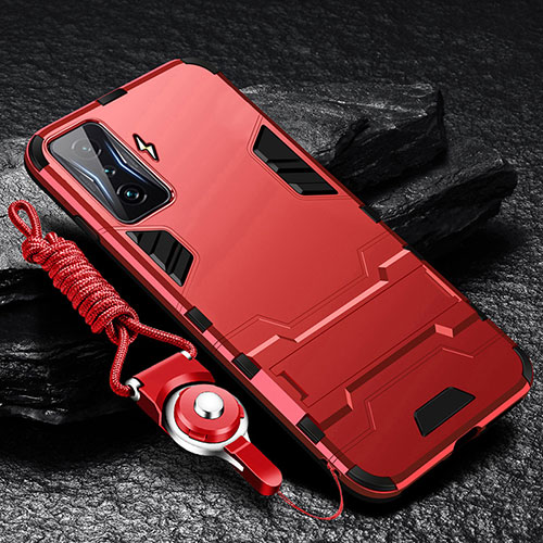 Silicone Matte Finish and Plastic Back Cover Case with Stand R01 for Xiaomi Poco F4 GT 5G Red