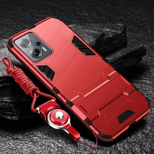 Silicone Matte Finish and Plastic Back Cover Case with Stand R01 for Xiaomi Poco X4 GT 5G Red