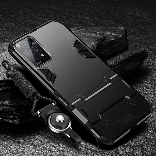 Silicone Matte Finish and Plastic Back Cover Case with Stand R01 for Xiaomi Poco X4 Pro 5G Black