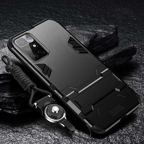 Silicone Matte Finish and Plastic Back Cover Case with Stand R01 for Xiaomi Redmi 10 4G Black