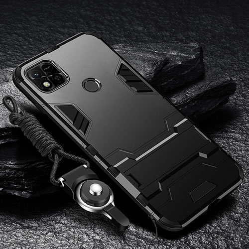 Silicone Matte Finish and Plastic Back Cover Case with Stand R01 for Xiaomi Redmi 9 Activ Black