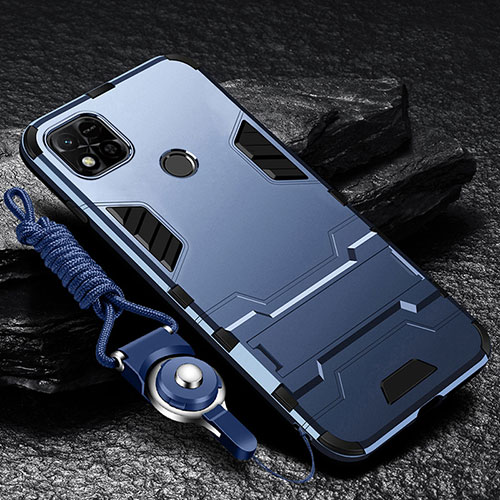 Silicone Matte Finish and Plastic Back Cover Case with Stand R01 for Xiaomi Redmi 9 Activ Blue