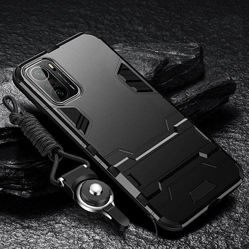 Silicone Matte Finish and Plastic Back Cover Case with Stand R01 for Xiaomi Redmi K40 5G Black