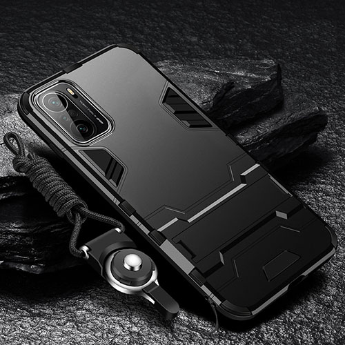 Silicone Matte Finish and Plastic Back Cover Case with Stand R01 for Xiaomi Redmi K40 Pro+ Plus 5G Black