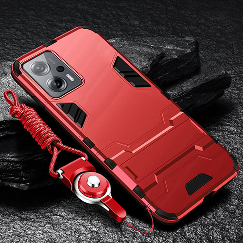 Silicone Matte Finish and Plastic Back Cover Case with Stand R01 for Xiaomi Redmi K50i 5G Red