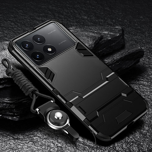 Silicone Matte Finish and Plastic Back Cover Case with Stand R01 for Xiaomi Redmi K70 5G Black