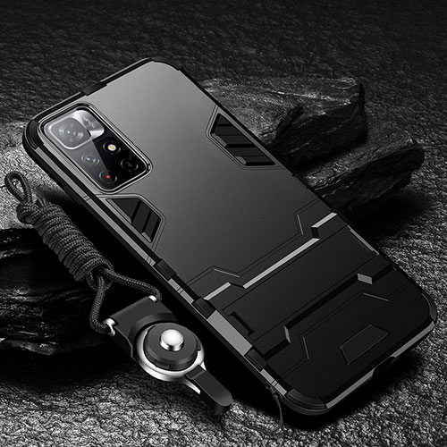 Silicone Matte Finish and Plastic Back Cover Case with Stand R01 for Xiaomi Redmi Note 11 5G Black