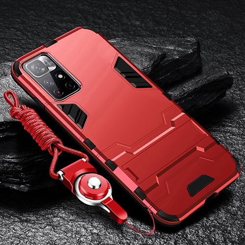 Silicone Matte Finish and Plastic Back Cover Case with Stand R01 for Xiaomi Redmi Note 11 5G Red