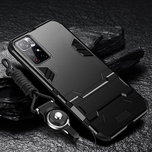 Silicone Matte Finish and Plastic Back Cover Case with Stand R01 for Xiaomi Redmi Note 11T 5G Black