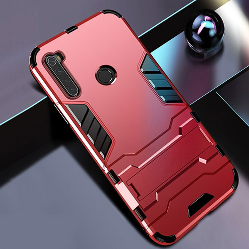 Silicone Matte Finish and Plastic Back Cover Case with Stand R01 for Xiaomi Redmi Note 8 (2021) Red