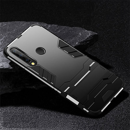 Silicone Matte Finish and Plastic Back Cover Case with Stand R02 for Huawei Honor 10i Black