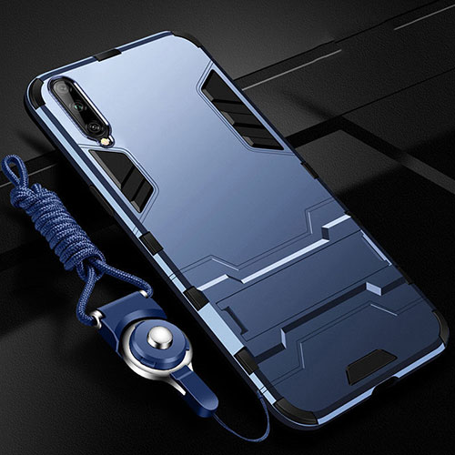 Silicone Matte Finish and Plastic Back Cover Case with Stand R02 for Samsung Galaxy A70 Blue