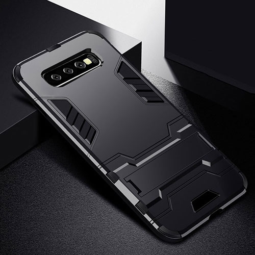 Silicone Matte Finish and Plastic Back Cover Case with Stand R02 for Samsung Galaxy S10 5G Black