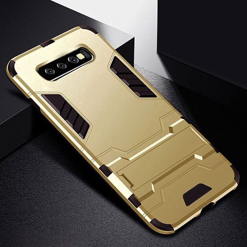 Silicone Matte Finish and Plastic Back Cover Case with Stand R02 for Samsung Galaxy S10 5G Gold