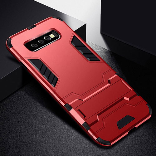 Silicone Matte Finish and Plastic Back Cover Case with Stand R02 for Samsung Galaxy S10 5G Red