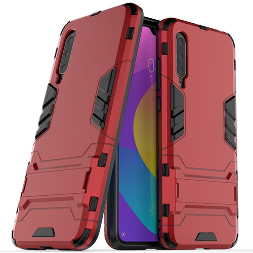 Silicone Matte Finish and Plastic Back Cover Case with Stand R02 for Xiaomi Mi A3 Red