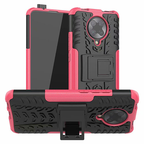 Silicone Matte Finish and Plastic Back Cover Case with Stand R02 for Xiaomi Poco F2 Pro Pink