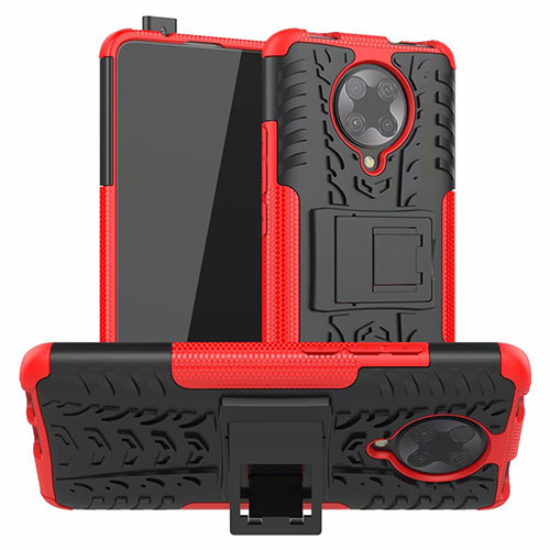 Silicone Matte Finish and Plastic Back Cover Case with Stand R02 for Xiaomi Poco F2 Pro Red