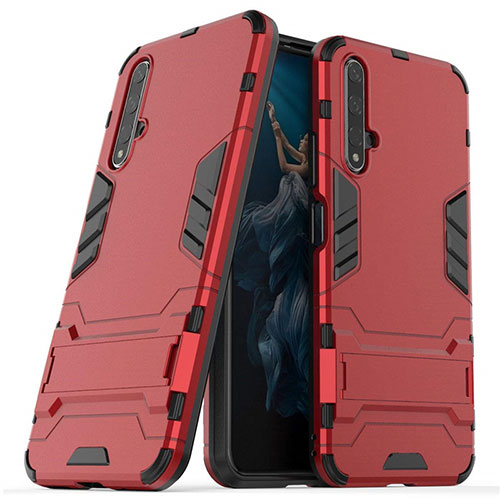 Silicone Matte Finish and Plastic Back Cover Case with Stand R03 for Huawei Honor 20S Red