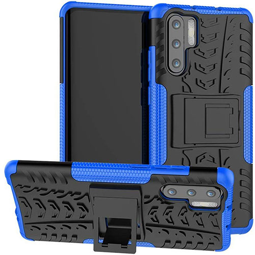 Silicone Matte Finish and Plastic Back Cover Case with Stand R03 for Huawei P30 Pro New Edition Blue