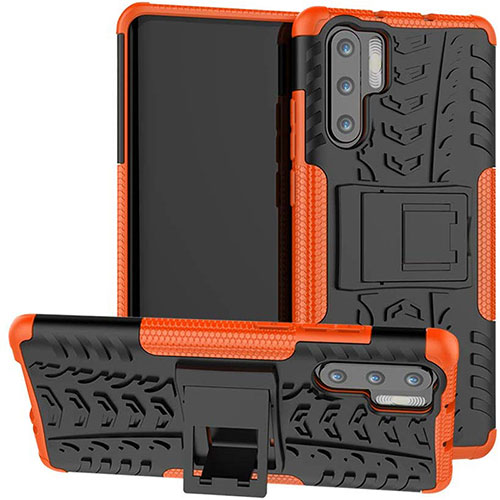 Silicone Matte Finish and Plastic Back Cover Case with Stand R03 for Huawei P30 Pro Orange