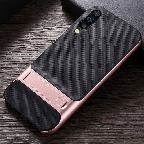 Silicone Matte Finish and Plastic Back Cover Case with Stand R03 for Samsung Galaxy A70 Rose Gold