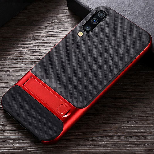 Silicone Matte Finish and Plastic Back Cover Case with Stand R03 for Samsung Galaxy A90 5G Red