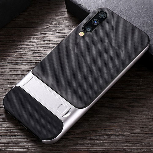 Silicone Matte Finish and Plastic Back Cover Case with Stand R03 for Samsung Galaxy A90 5G Silver