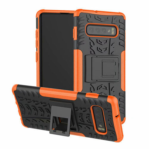 Silicone Matte Finish and Plastic Back Cover Case with Stand R03 for Samsung Galaxy S10 Orange