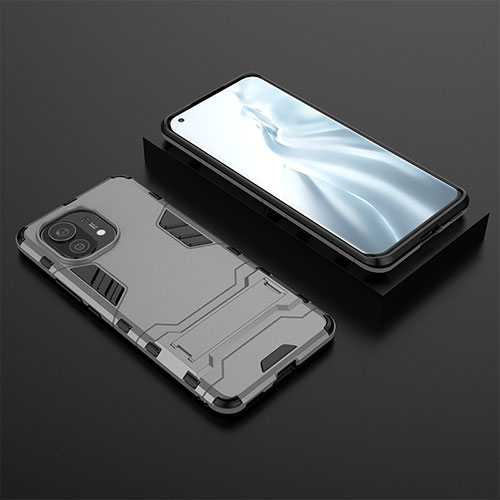 Silicone Matte Finish and Plastic Back Cover Case with Stand R03 for Xiaomi Mi 11 Lite 5G NE Gray