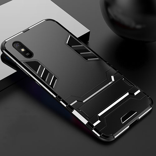 Silicone Matte Finish and Plastic Back Cover Case with Stand R03 for Xiaomi Redmi 9i Black