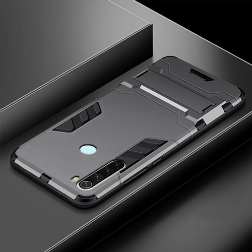 Silicone Matte Finish and Plastic Back Cover Case with Stand R03 for Xiaomi Redmi Note 8 Gray