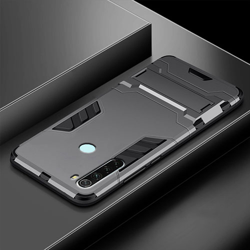 Silicone Matte Finish and Plastic Back Cover Case with Stand R03 for Xiaomi Redmi Note 8T Gray
