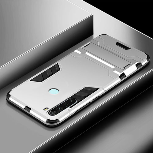 Silicone Matte Finish and Plastic Back Cover Case with Stand R03 for Xiaomi Redmi Note 8T Silver