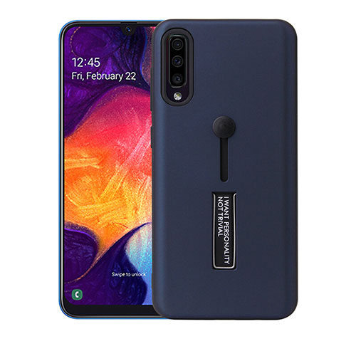 Silicone Matte Finish and Plastic Back Cover Case with Stand R04 for Samsung Galaxy A70S Blue