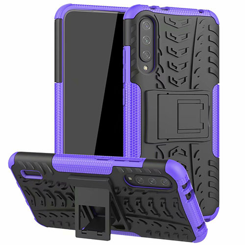 Silicone Matte Finish and Plastic Back Cover Case with Stand R04 for Xiaomi Mi A3 Purple