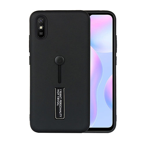 Silicone Matte Finish and Plastic Back Cover Case with Stand R05 for Xiaomi Redmi 9i Black