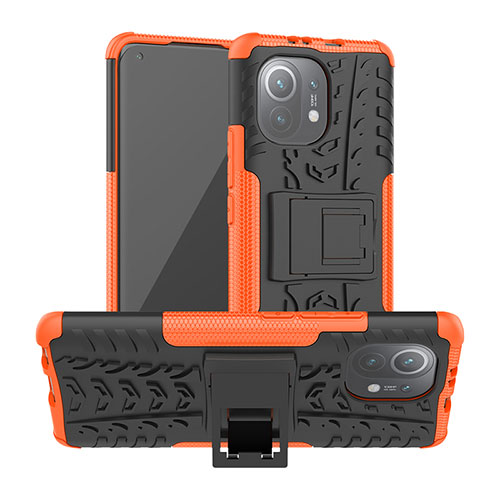 Silicone Matte Finish and Plastic Back Cover Case with Stand R06 for Xiaomi Mi 11 Lite 4G Orange