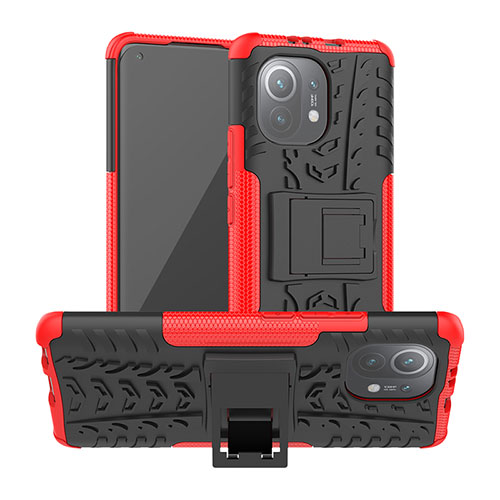 Silicone Matte Finish and Plastic Back Cover Case with Stand R06 for Xiaomi Mi 11 Lite 4G Red