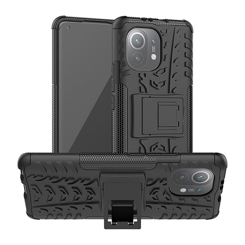 Silicone Matte Finish and Plastic Back Cover Case with Stand R06 for Xiaomi Mi 11 Lite 5G NE Black