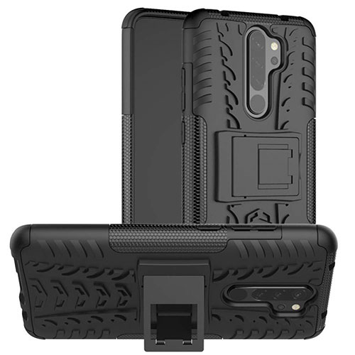 Silicone Matte Finish and Plastic Back Cover Case with Stand R06 for Xiaomi Redmi Note 8 Black